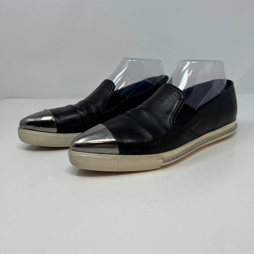 Miu Miu Loafers Women's 38.5 Black Leather Silver Toe Cap Slip On Luxury Shoes
